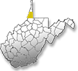 Marshall County is highlighted by a yellow color showing its location within West Virginia.